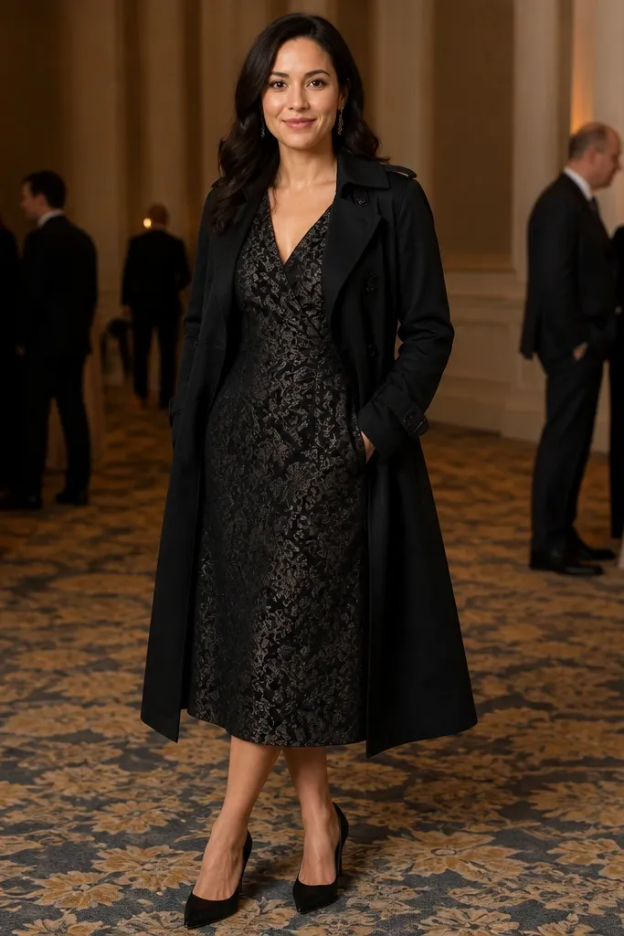 Black-and-gray jacquard dress with a long black trench