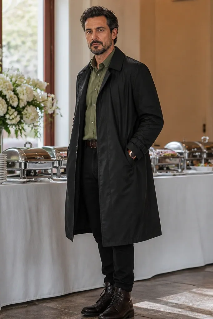 Olive dress shirt under a black trench with black tailored trousers