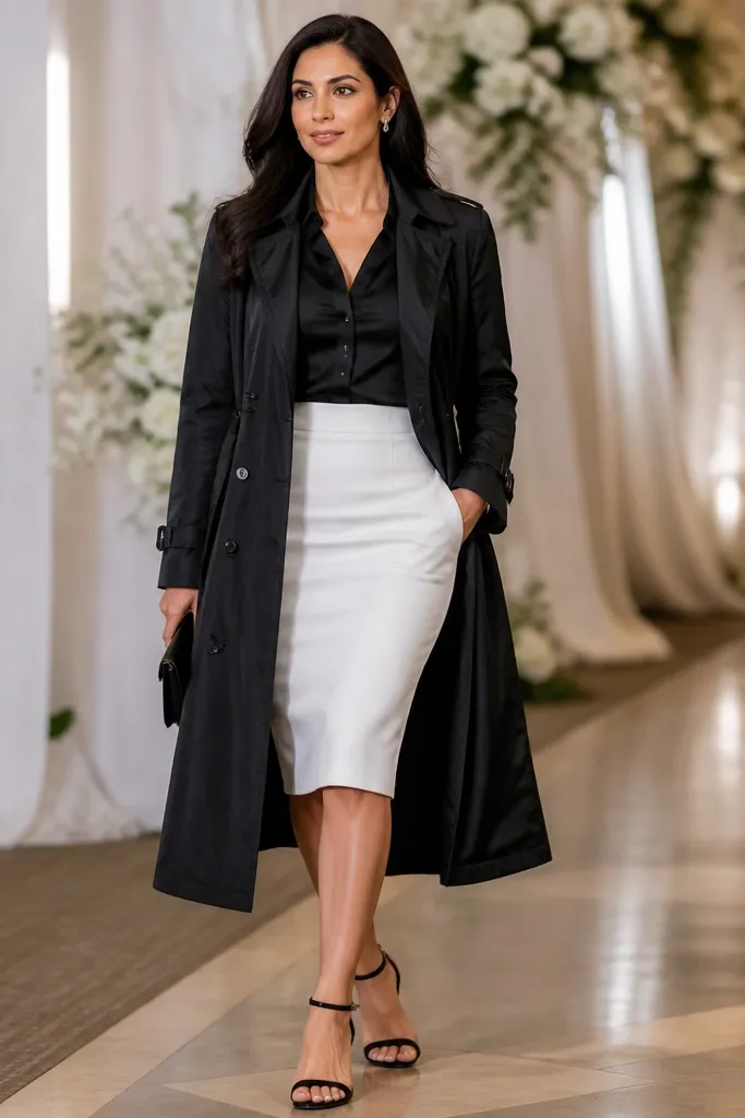 Black trench over a white pencil skirt with black strappy heels