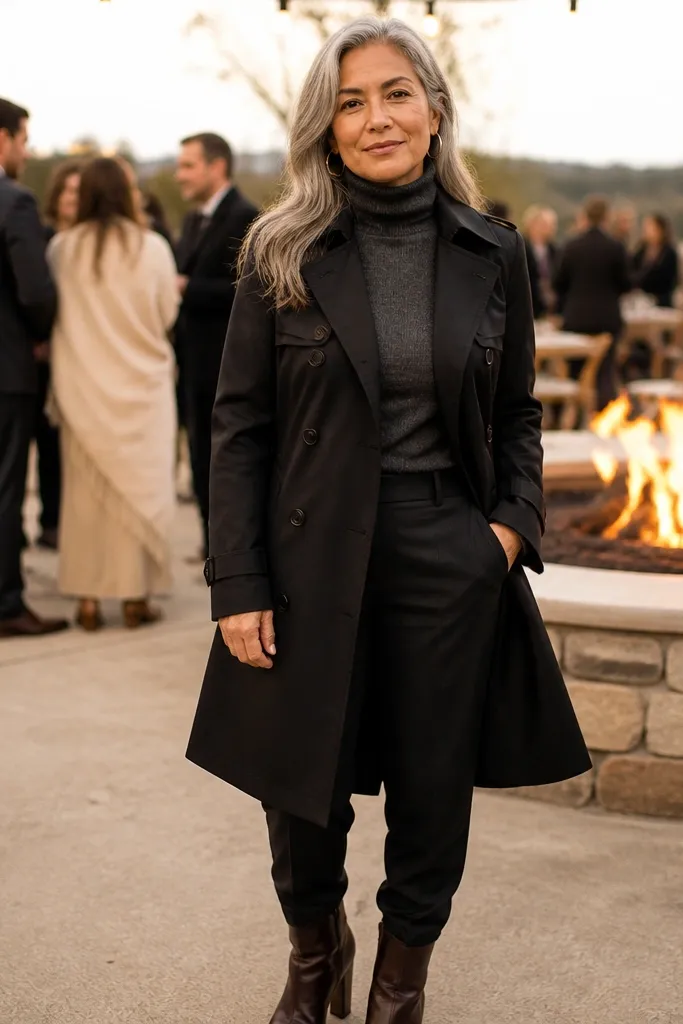 Charcoal turtleneck under a black trench with dark brown leather boots