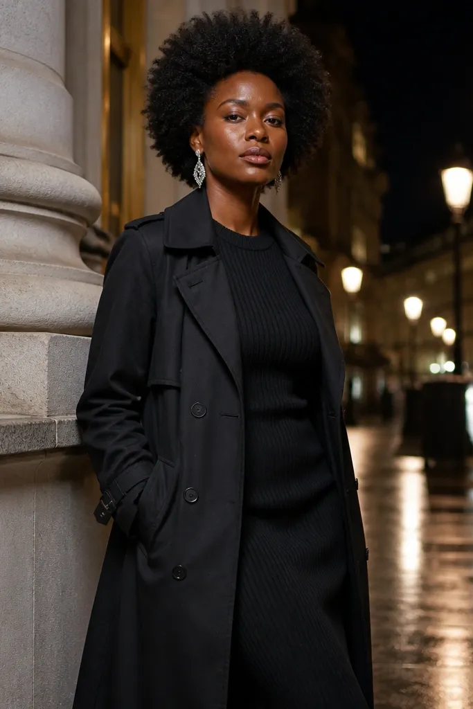 Black knit dress with silver jewelry under a long black trench
