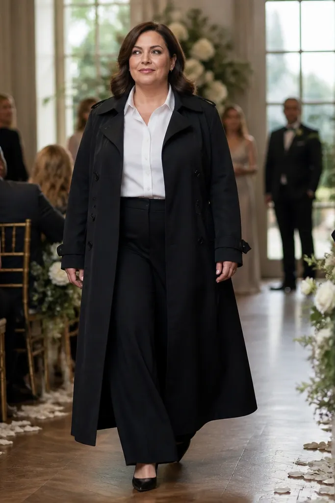 White button-down under black trench with black wide-leg trousers