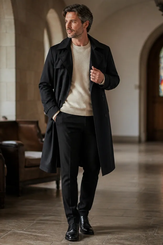 Off-white sweater under black trench with black dress pants