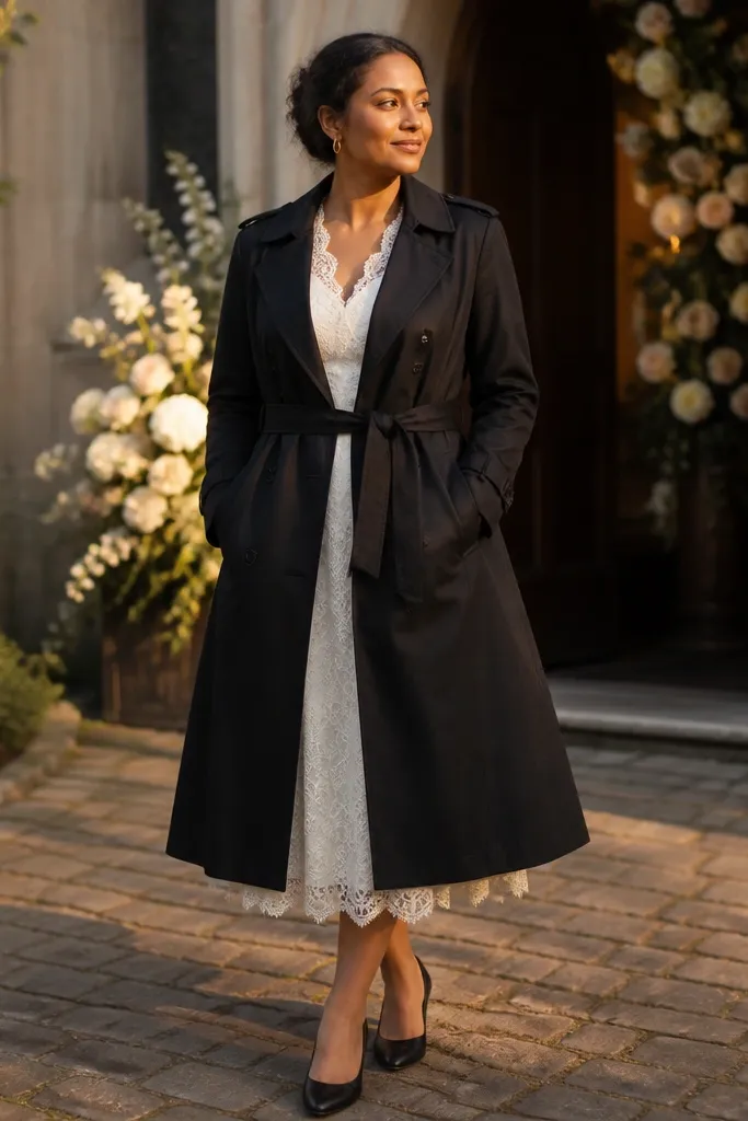 Ivory lace midi dress under a black trench coat