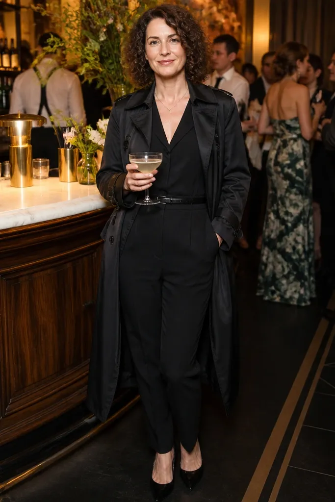 Black jumpsuit under a long black trench with pointed toe heels