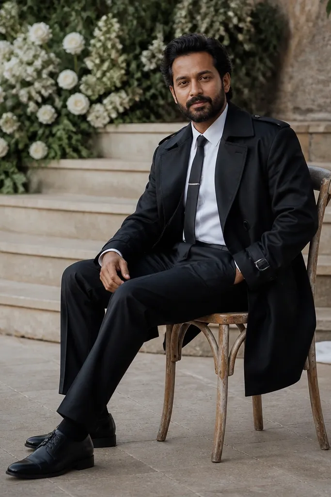 White shirt with a black pleated trouser suit under a long black trench