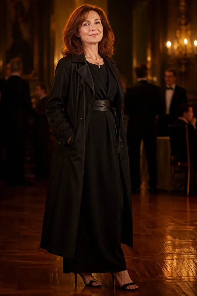 Black maxi dress under a black trench with a satin belt