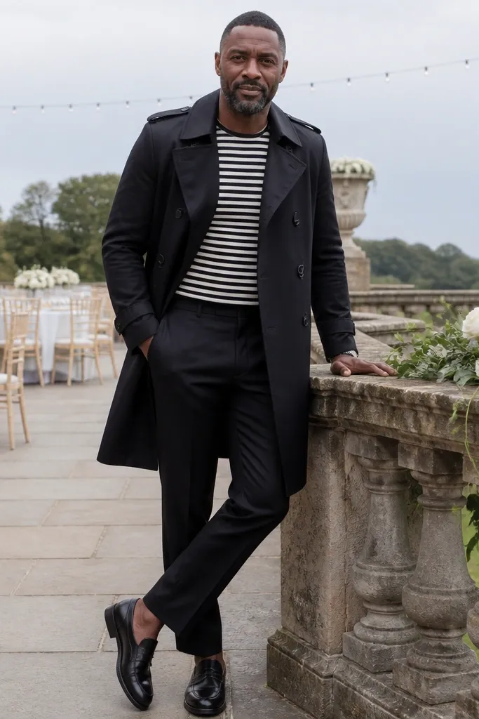 Black-and-white striped top under black trench with black tailored trousers