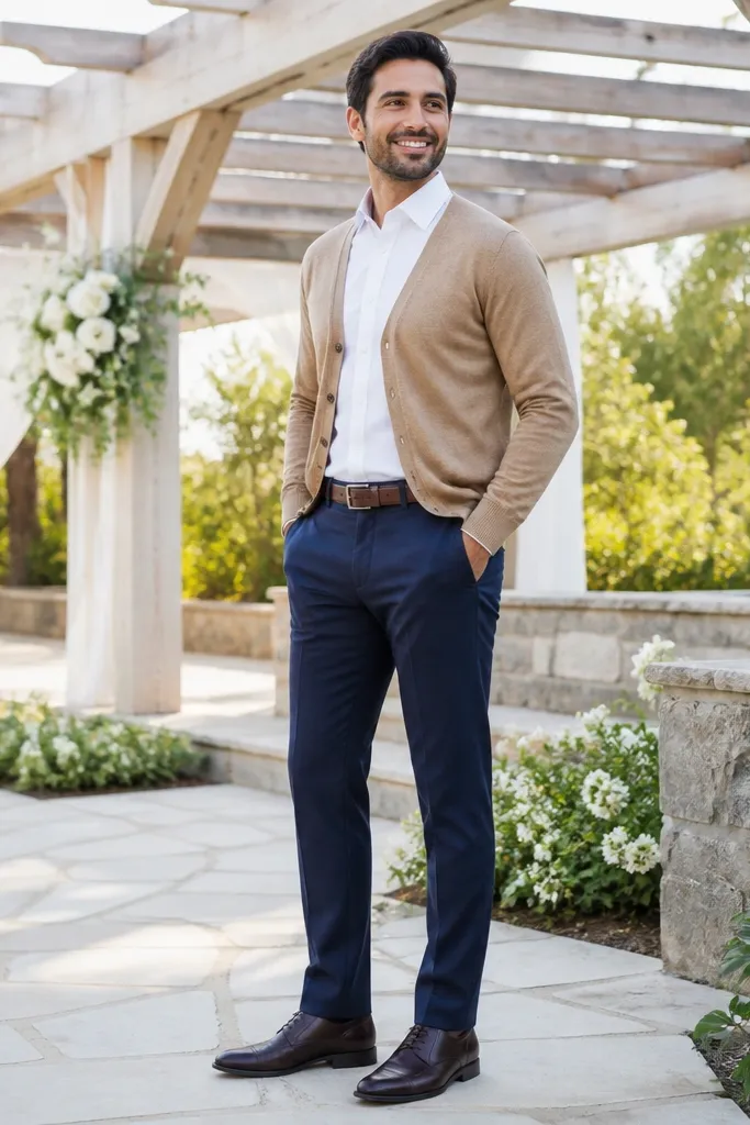 Camel cardigan over a white shirt with navy trousers and brown leather loafers