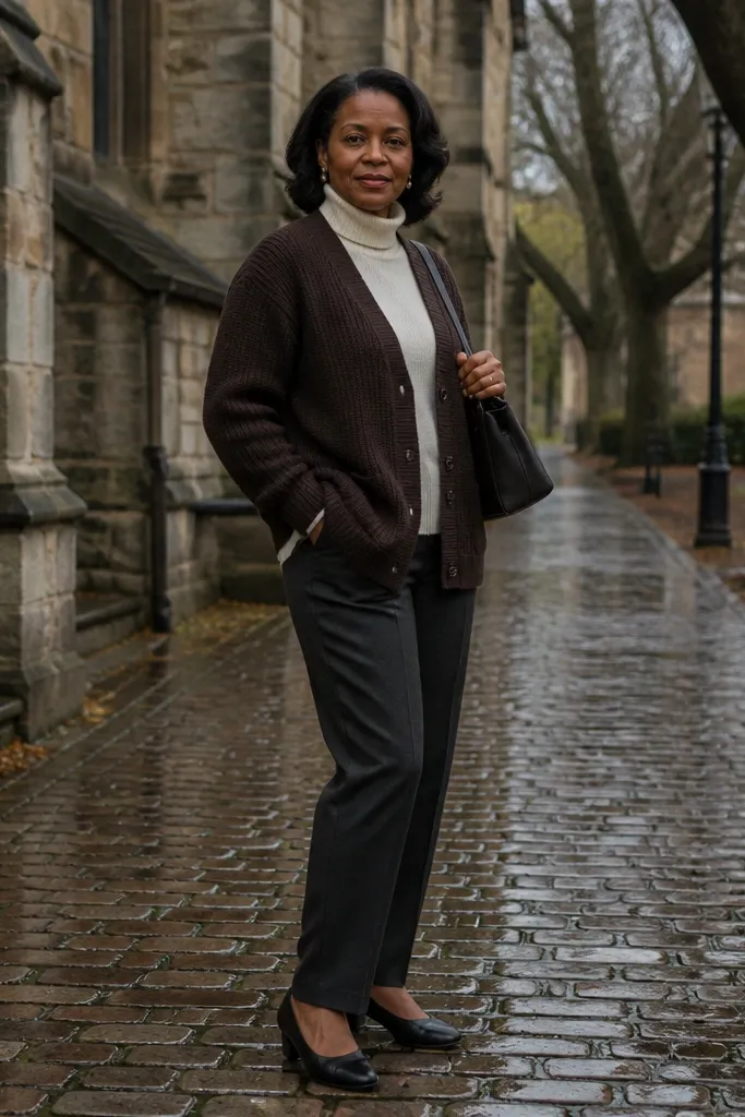 Chocolate cardigan over a cream turtleneck with charcoal slacks and black-brown boots