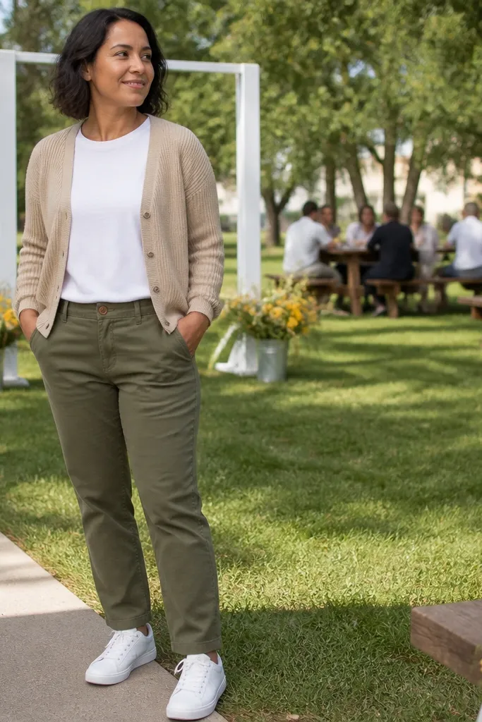 Tan cardigan over a white tee with olive chinos and tan sneakers