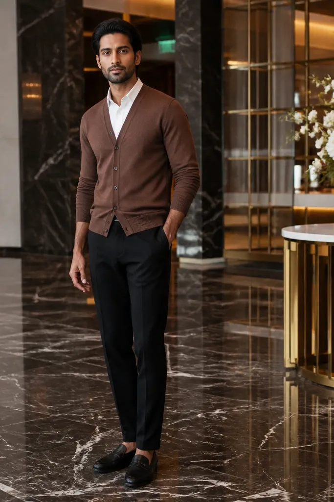 Brown cardigan over a white shirt with black trousers and dark brown loafers