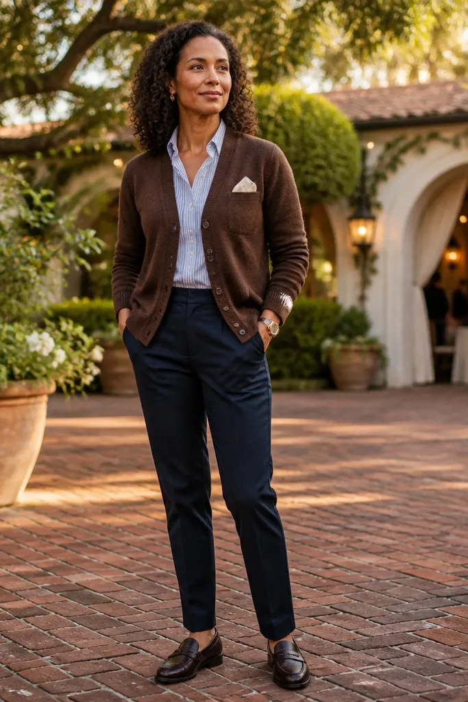 Cocoa cardigan over a blue striped shirt with navy chinos and brown lace-up shoes