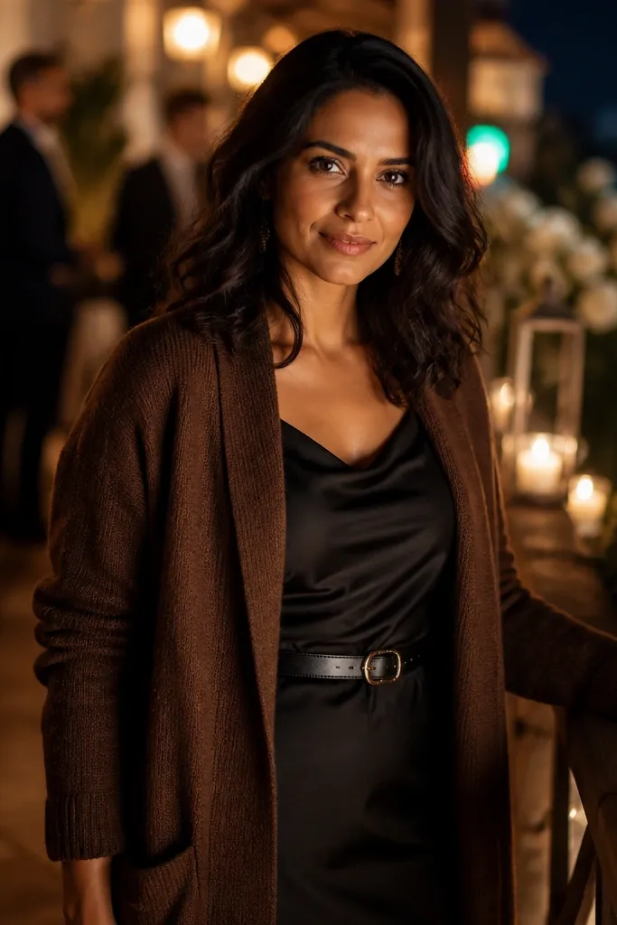 Chocolate cardigan worn over a black slip dress with a belt and ankle boots
