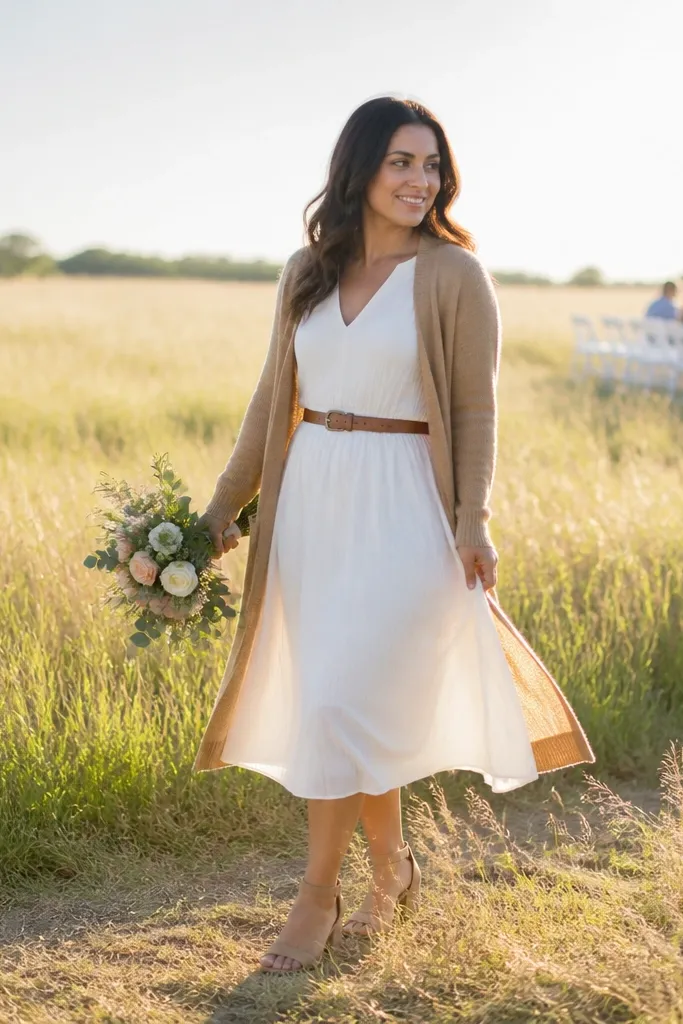 Camel cardigan over a white midi dress with a tan belt and nude heels