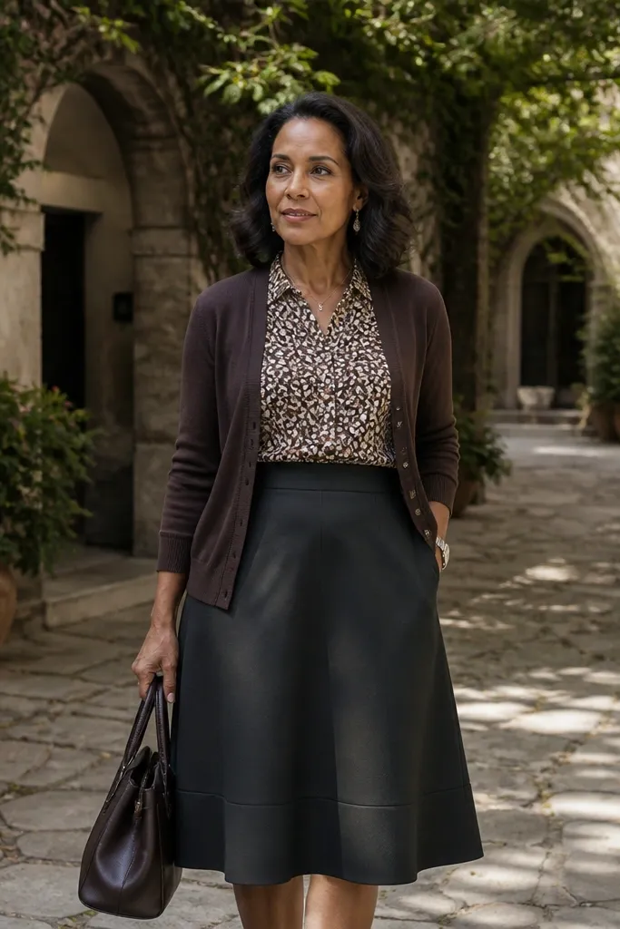 Espresso cardigan over a patterned blouse with a dark A-line skirt and loafers