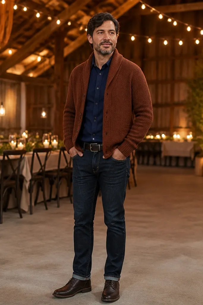 Rust-brown cardigan over a navy dress shirt with dark jeans and brown boots