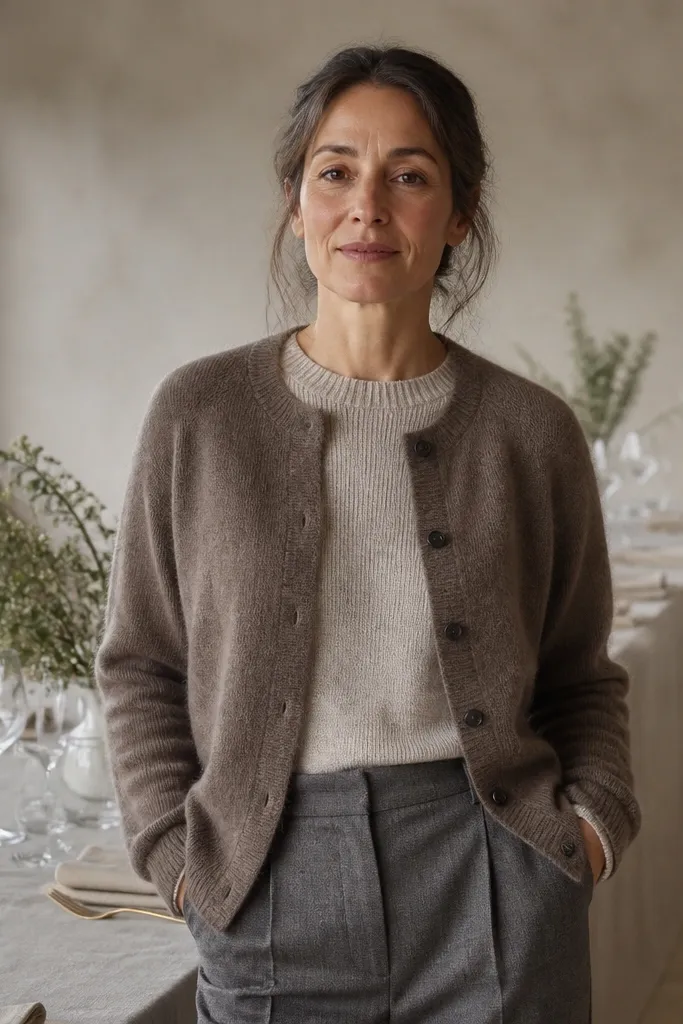 Mushroom cardigan over an oatmeal top with grey trousers and tan leather shoes