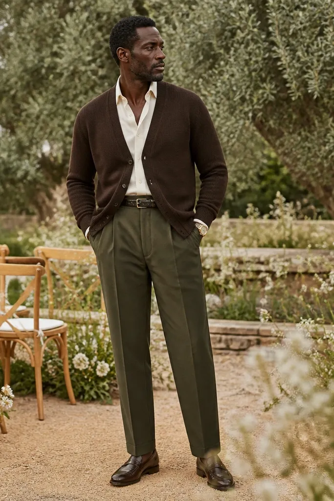 Chocolate cardigan over an ivory shirt with olive pleated trousers and brown loafers
