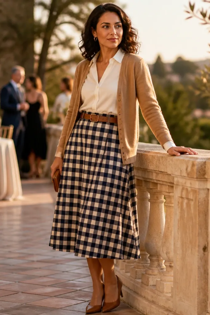 Camel cardigan over a white blouse with a gingham skirt and tan flats