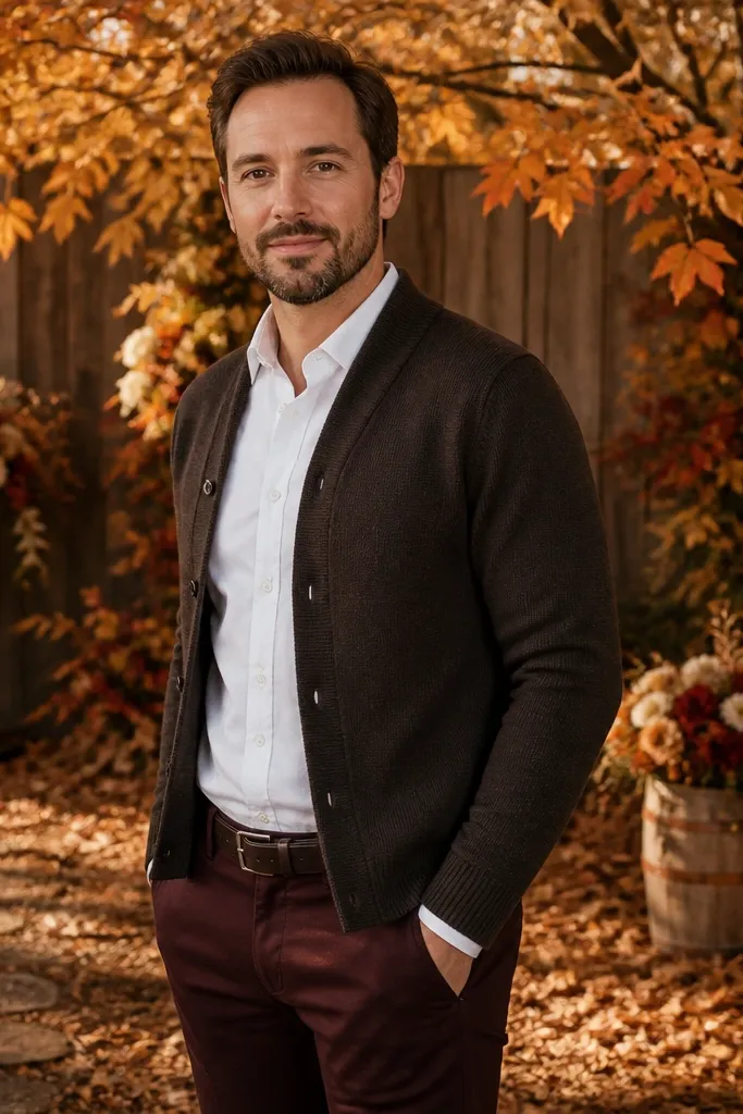 Espresso cardigan over a white shirt with burgundy chinos and brown leather shoes
