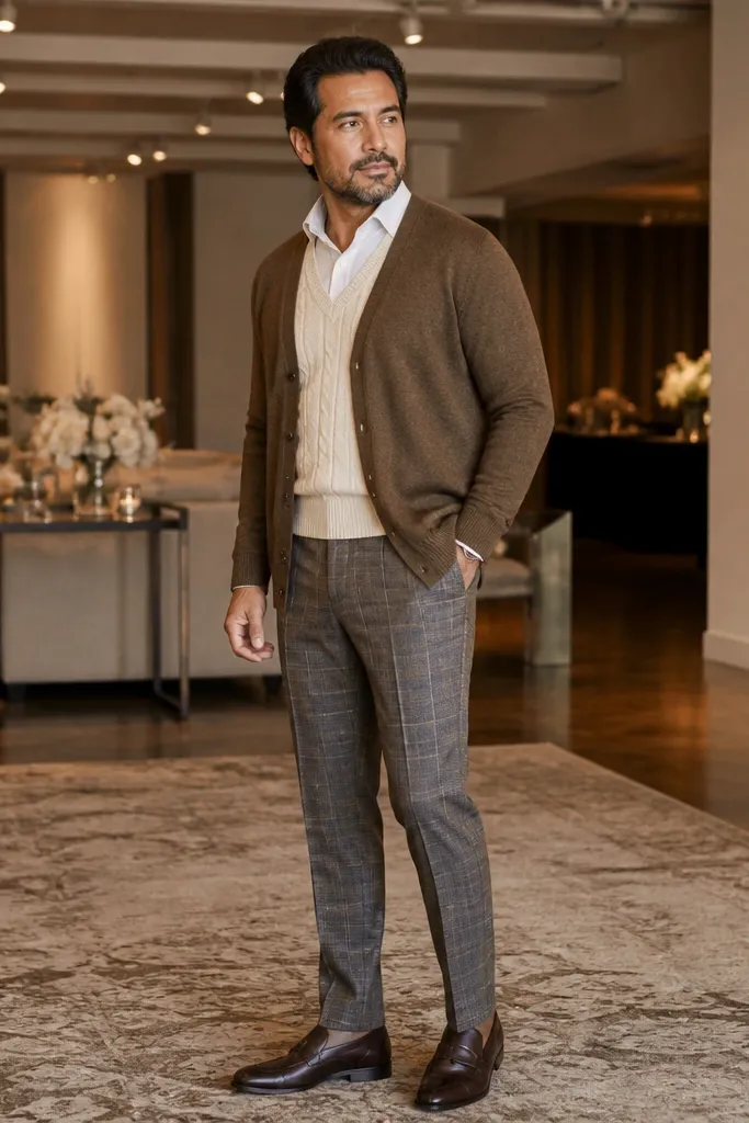 Brown cardigan over a cream top with grey check trousers and leather lace-ups
