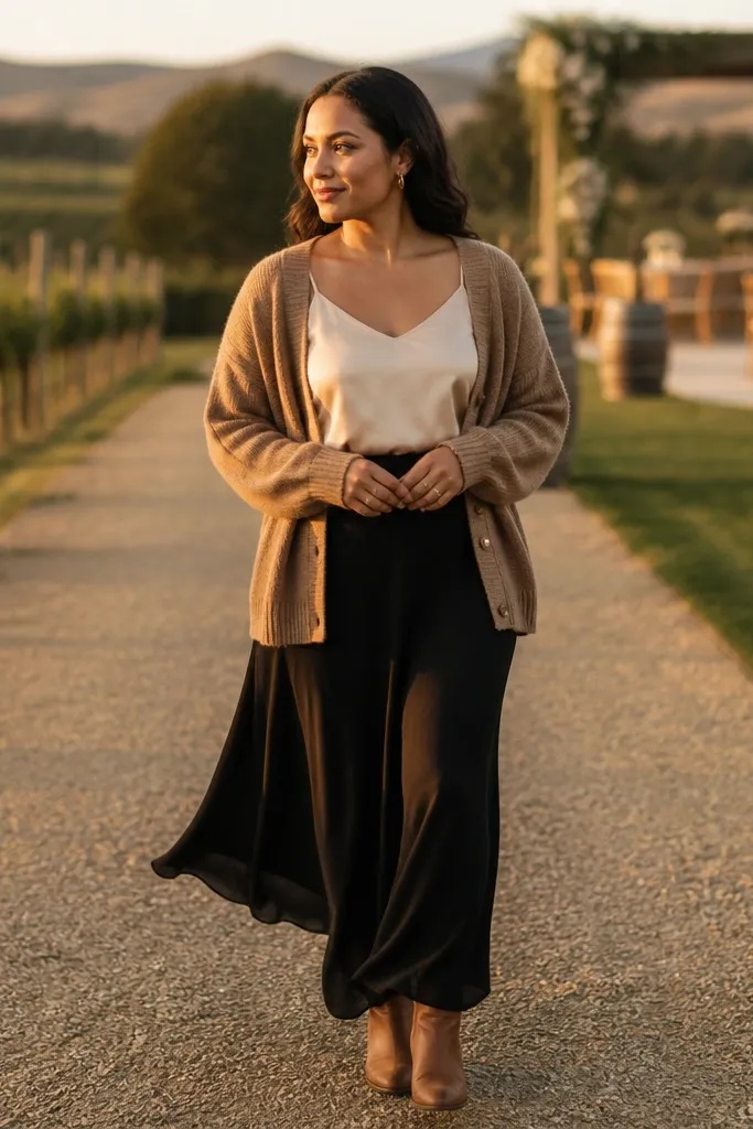 Camel cardigan over a cream camisole with a black maxi skirt and heeled sandals
