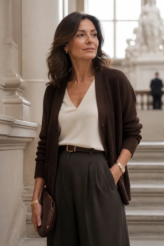 Deep brown cardigan over an ivory blouse with pleated trousers and loafers