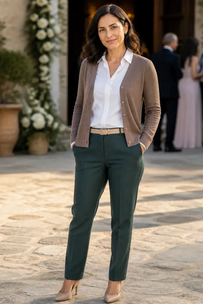 Mocha cardigan over a white shirt with dark teal trousers and brown oxfords