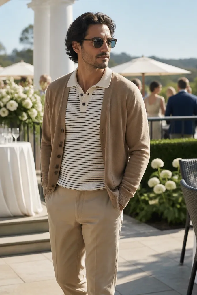 Camel cardigan over a striped knit polo with tan chinos and brown loafers