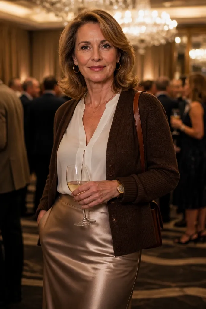 Chocolate cardigan over a white blouse with a satin midi skirt and pointed heels