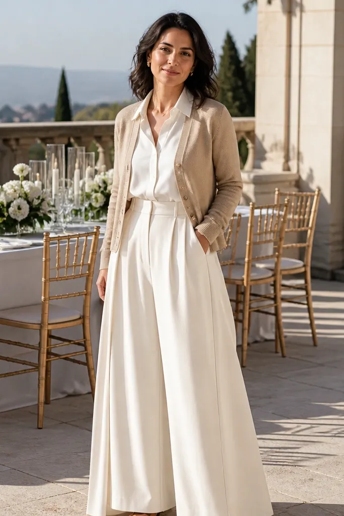Tan cardigan over an off-white shirt with cream wide-leg trousers and tan heels