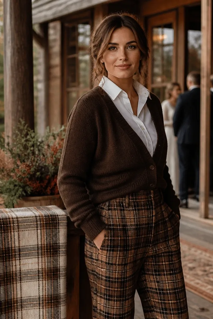 Espresso cardigan over a white shirt with brown plaid trousers and leather shoes