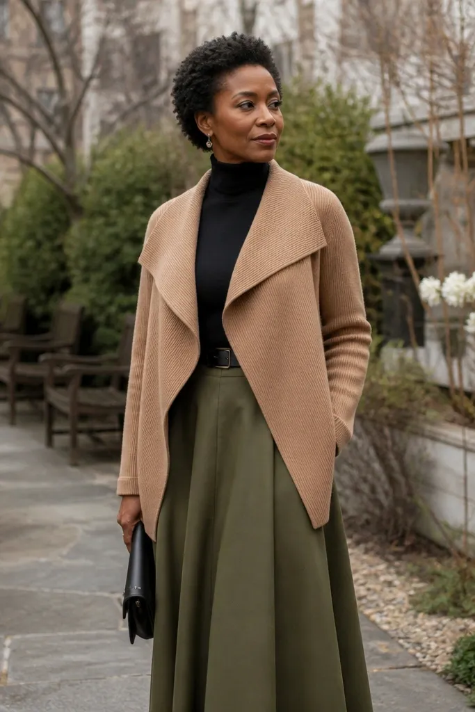 Camel cardigan over a black turtleneck with an olive skirt and ankle boots