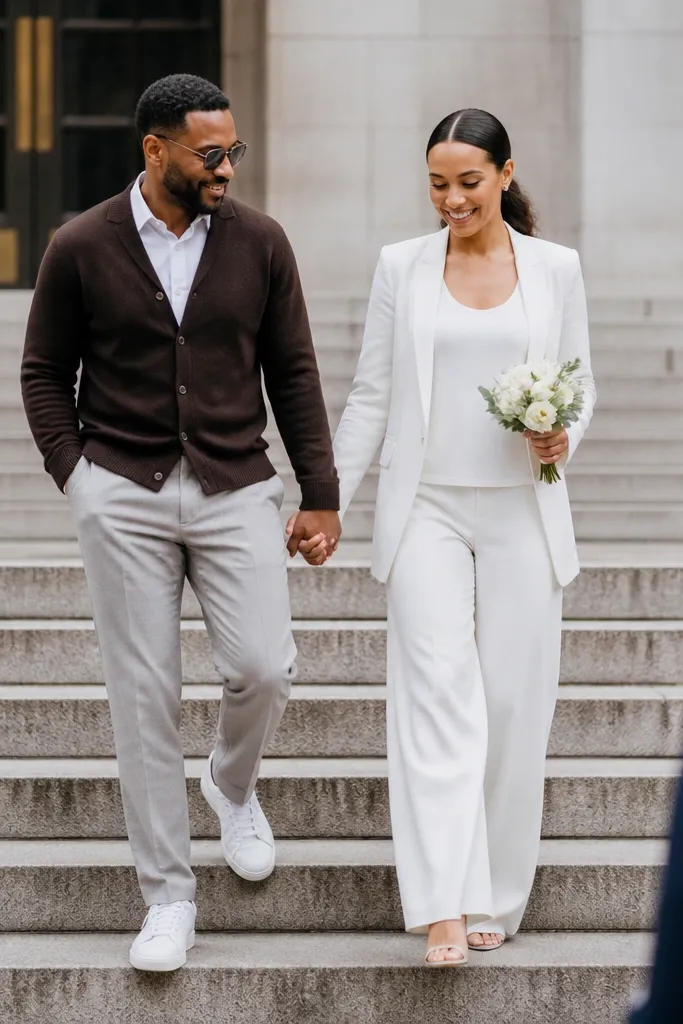 Deep brown cardigan over a white shirt with light grey suit trousers and white sneakers