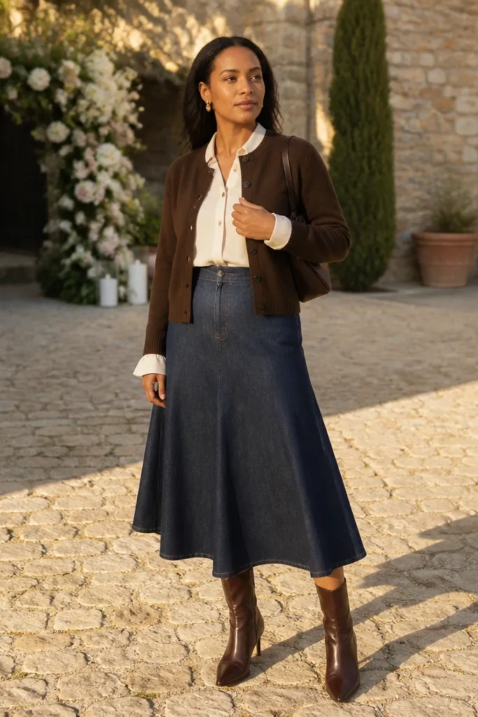 Chocolate cardigan over a cream blouse with a dark denim midi skirt and ankle boots