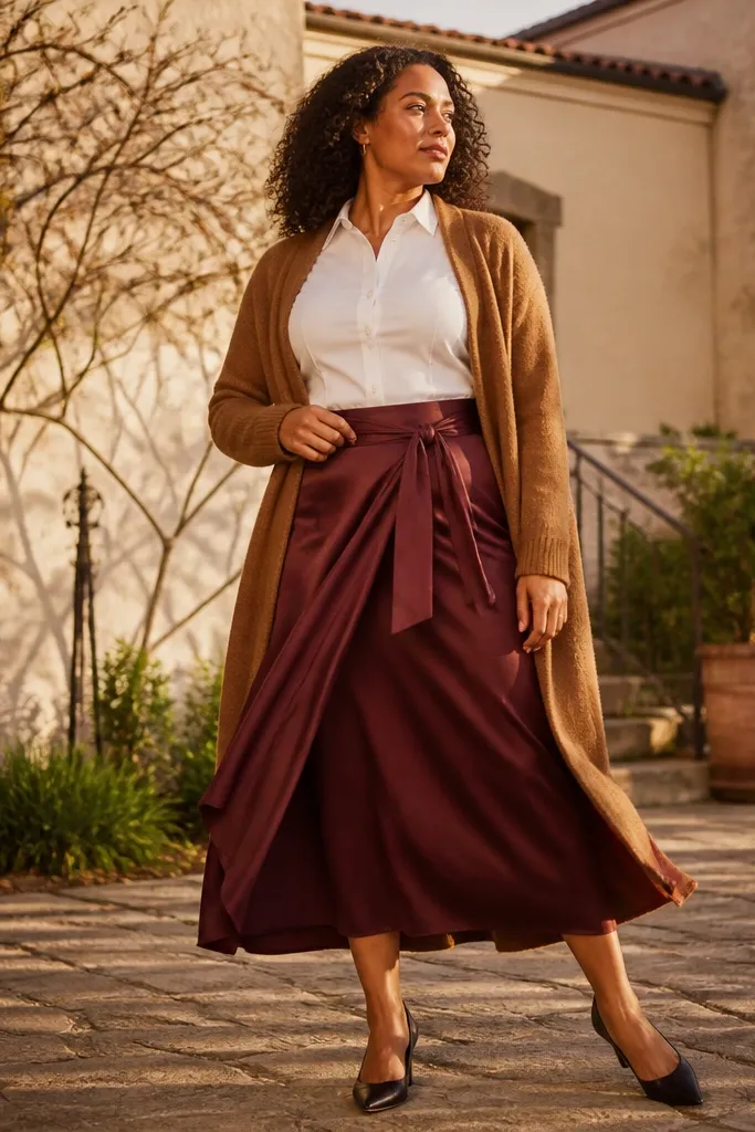 Camel cardigan over a white shirt with a burgundy wrap skirt and nude heels