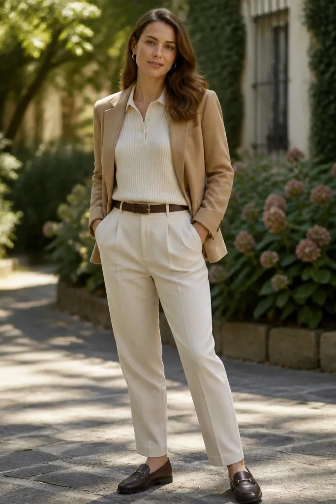 Camel blazer with cream knit polo and brown loafers