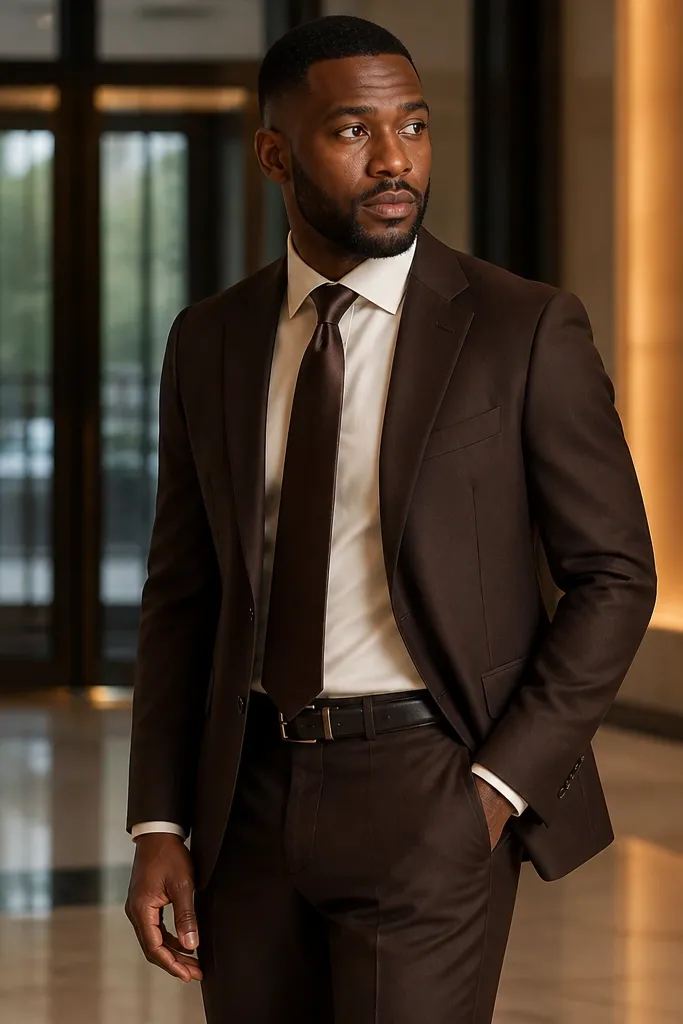 Chocolate brown suit with ivory shirt and dark brown tie