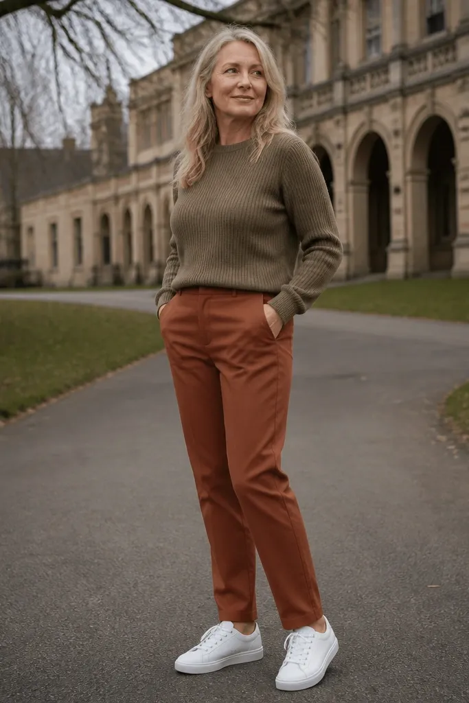 Olive-brown ribbed sweater with rust trousers and white sneakers