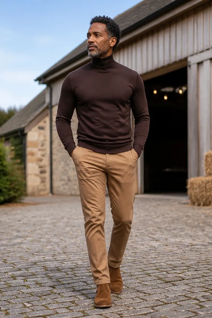 Espresso turtleneck with camel chinos and suede chukka boots
