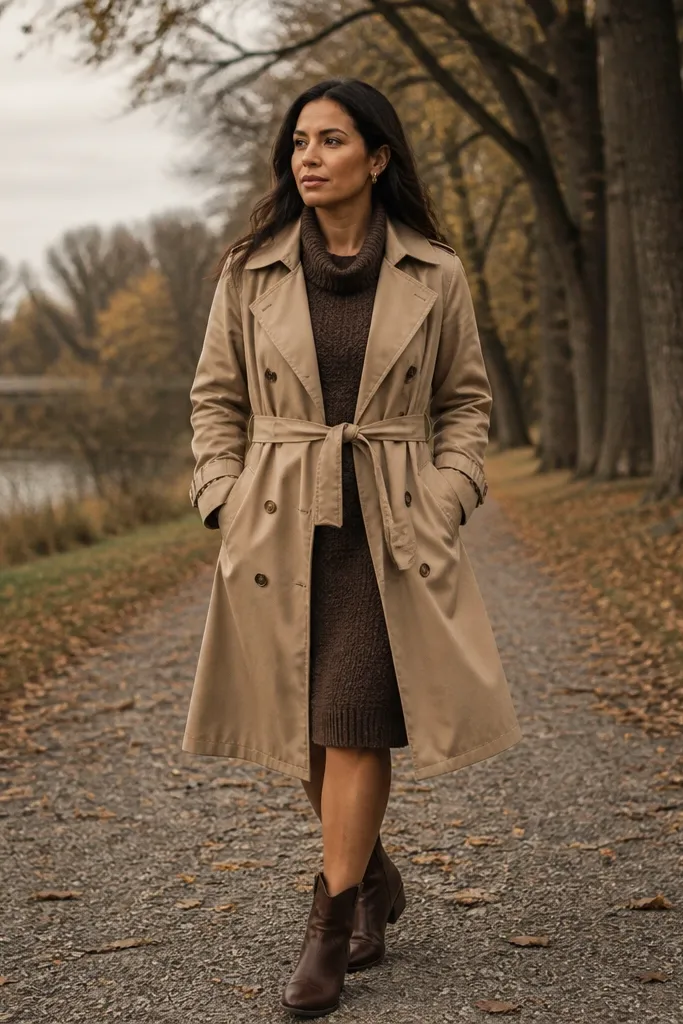 Tan trench coat over knit dress with brown ankle boots
