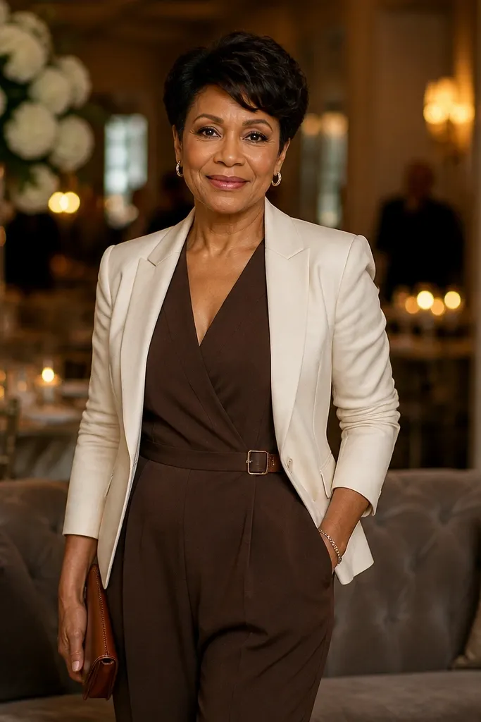 Dark brown wrap jumpsuit with cream blazer