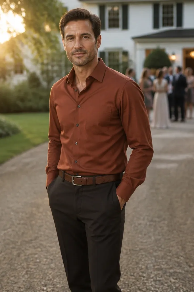 Rust-brown dress shirt with espresso trousers and brown belt