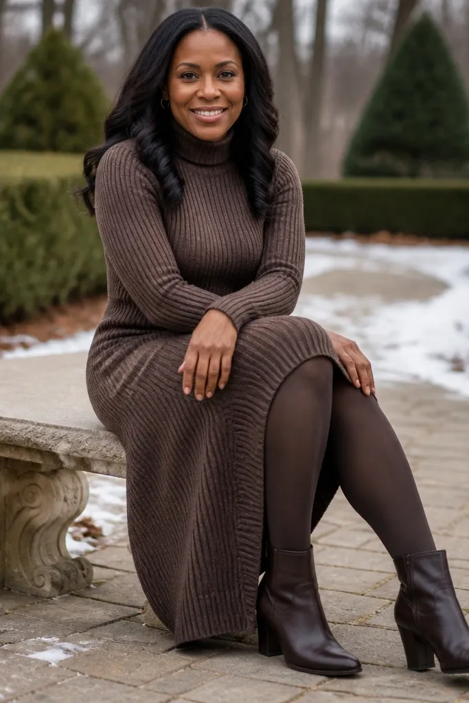 Mocha ribbed knit dress with espresso tights and boots