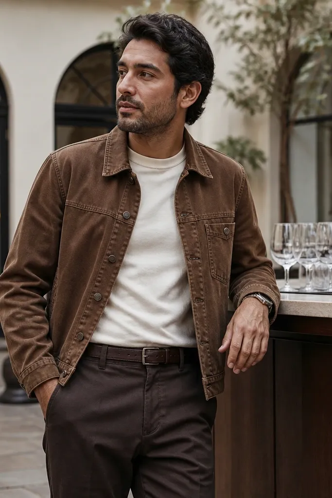 Medium brown denim jacket with cream tee and dark brown chinos