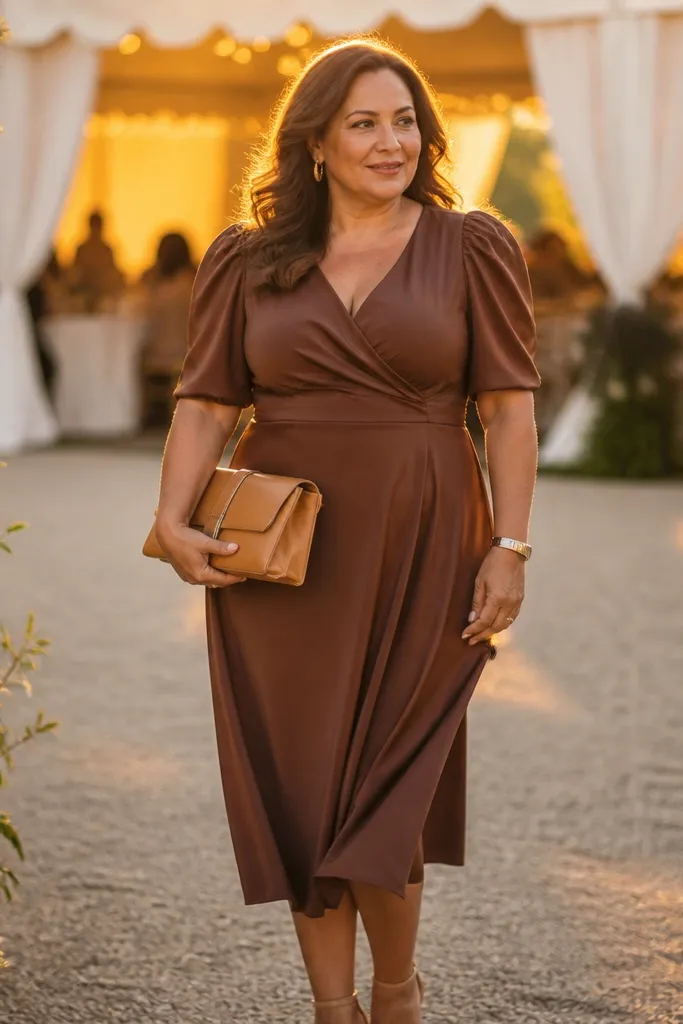 Cocoa midi dress with puff sleeves and caramel clutch