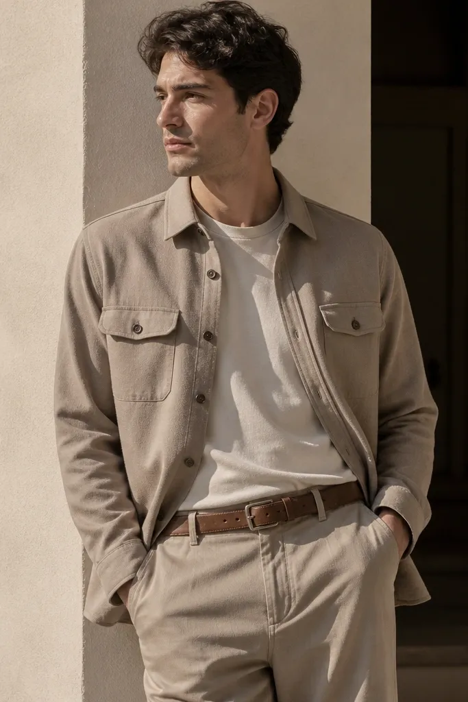 Light mocha overshirt with matching chinos and brown leather belt
