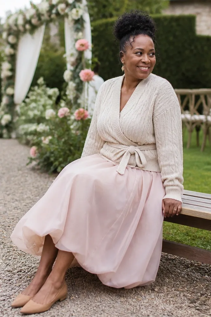 Blush bubble skirt with a milk-tea wrap cardigan and ballet flats