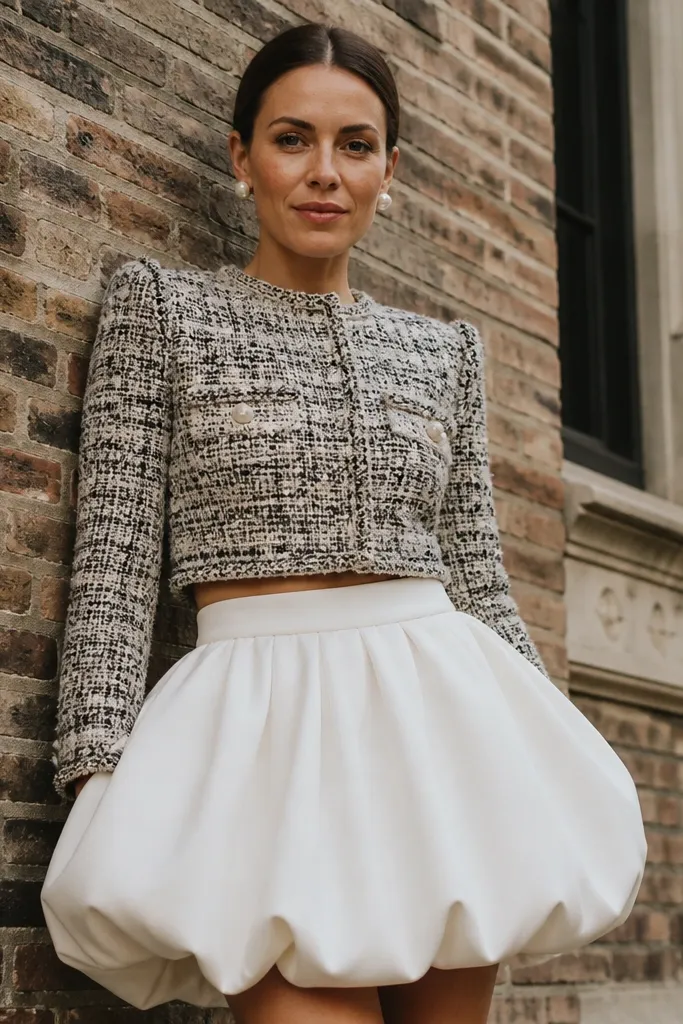 White bubble skirt with a cropped tweed jacket and pearl earrings